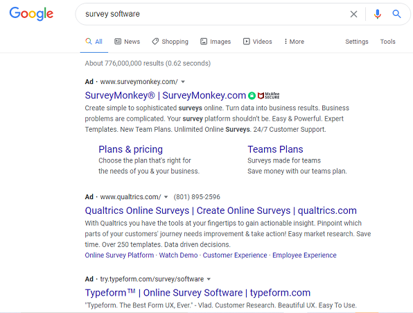 Google Search for survey software 