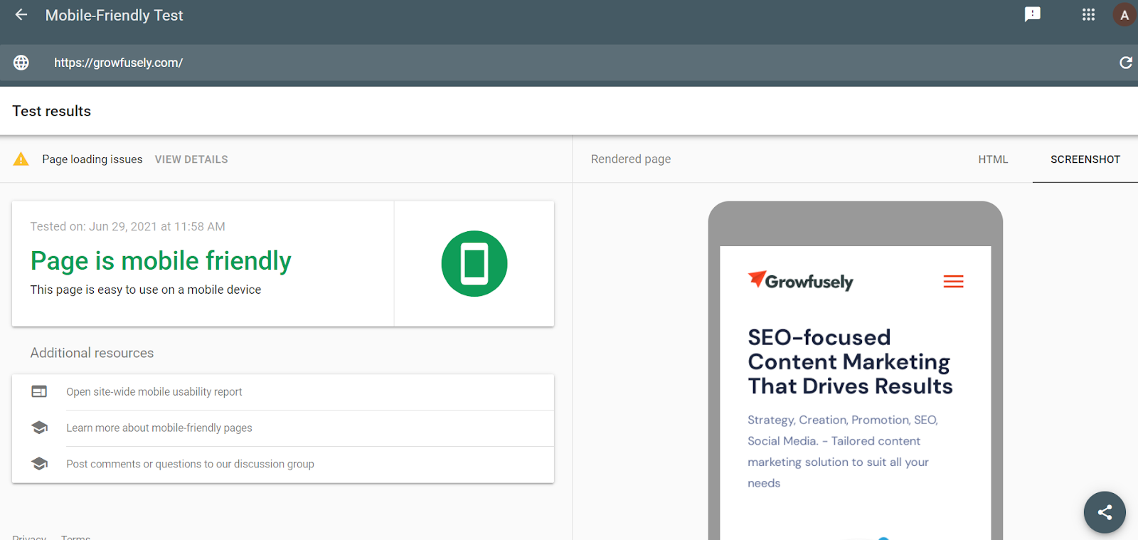 Mobile Friendly Test Growfusely