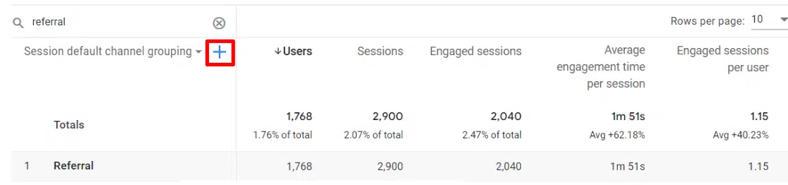 Clicking on plus button to add filter in GA4 referral traffic analysis