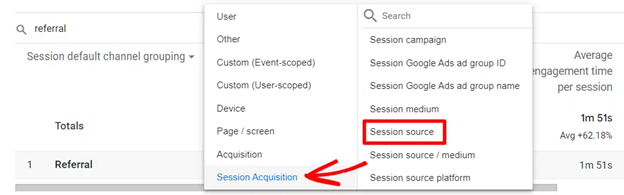 Navigating and selecting session source to add as a filter in GA4