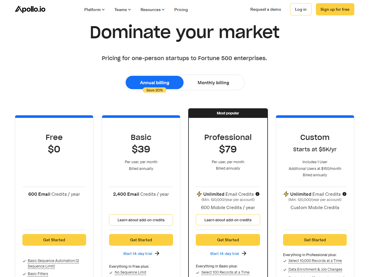 Apollo pricing page