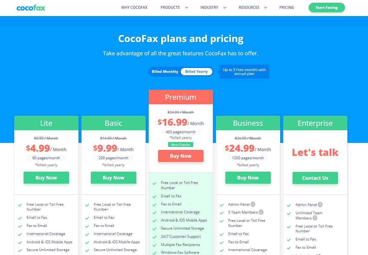 Cocofax pricing page
