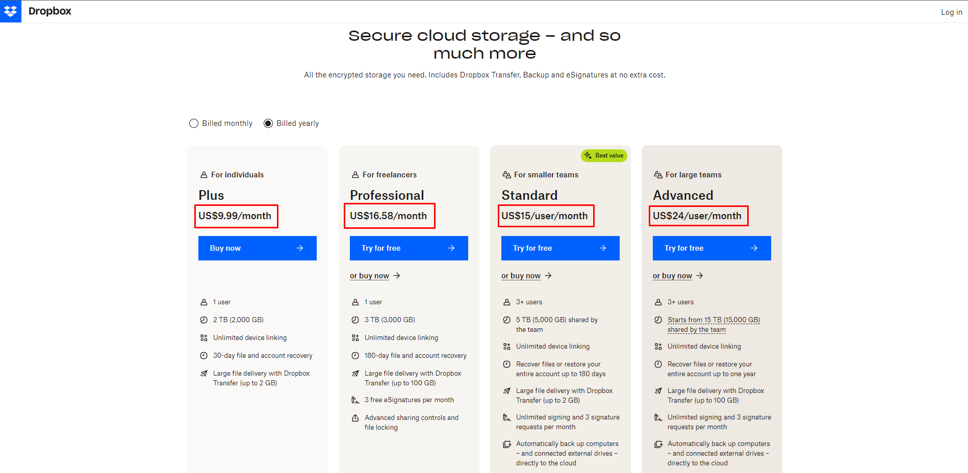 Dropbox pricing