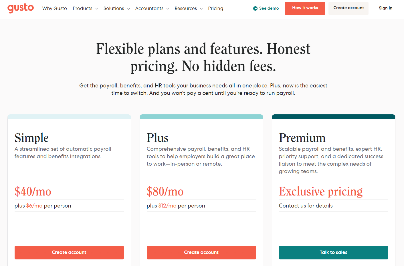 Gusto pricing page