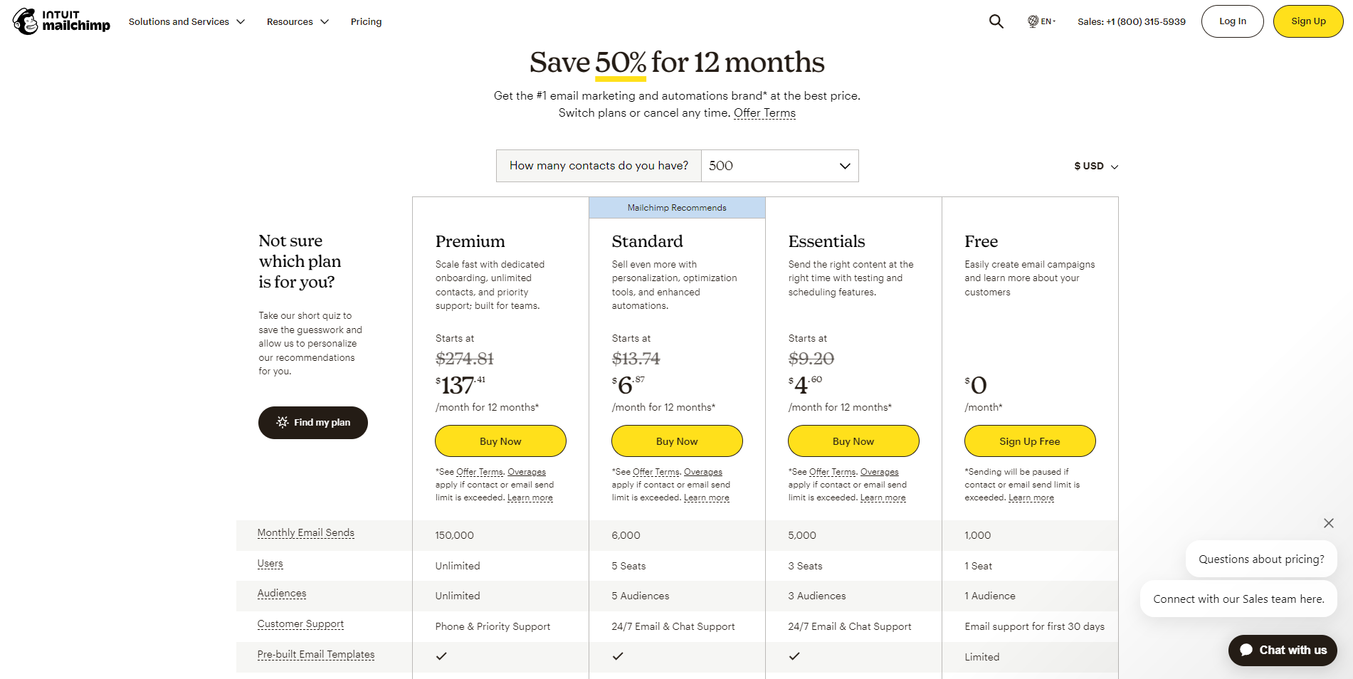 Mailchimp pricing page