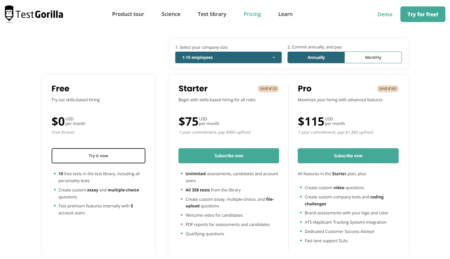 Test Gorilla pricing page